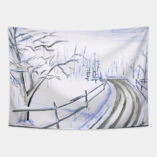 Snowy Landscape with Road and Fence in Ink and Watercolor Pencil Tapestry