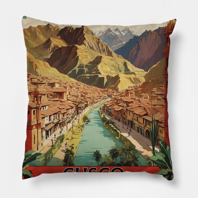 Cusco Peru Tourism Vintage Poster 2 Pillow by TravelersGems