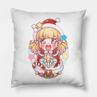 Cute Chibi Blonde Elf Santa Girl Christmas Cartoon Pillow