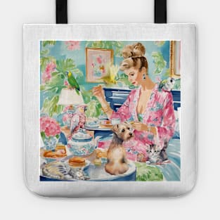 Breakfast in bed, preppy whimsical painting Tote