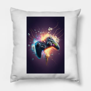 1 of 4 Explosive Gamepad Art: Vibrant Print Featuring a Bursting Game Controller Pillow