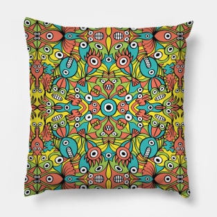 Odd funny creatures multiplying in a symmetrical pattern design Pillow