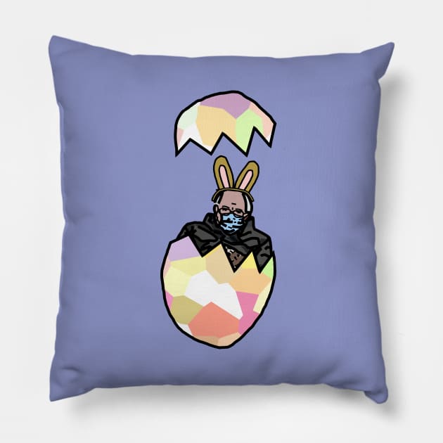 Bernie Sanders in Bunny Ears Funny Easter Eggs Pillow by ellenhenryart