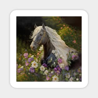 Black Horse with White  Mane Flowers Magnet