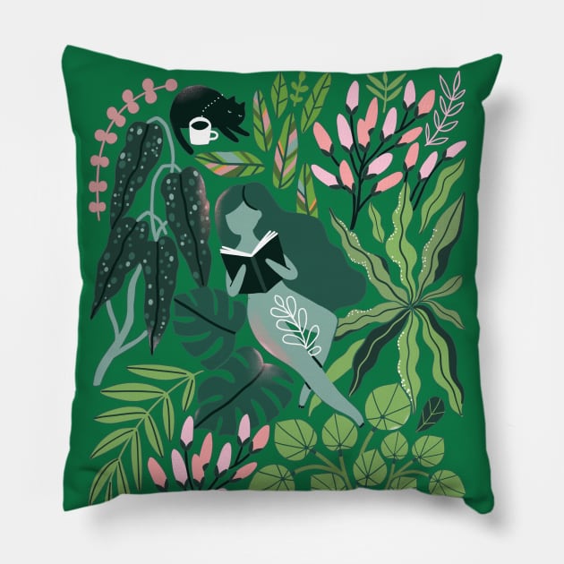 Reading girls among the plants with cats in the jungle Pillow by kostolom3000