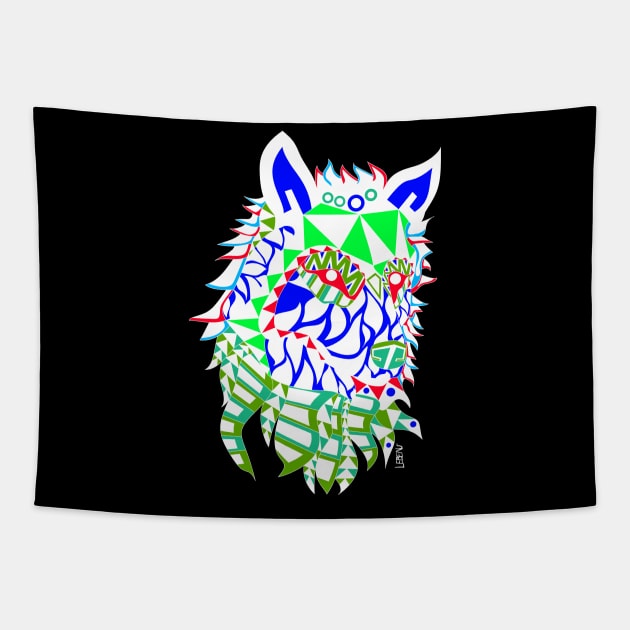 white winter wolf in renegade totem totonac ecopop design art Tapestry by jorge_lebeau