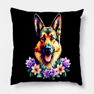 German Shepherd Dog Surrounded by Beautiful Spring Flowers Pillow