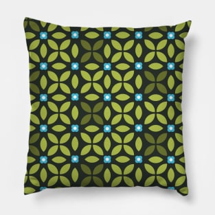 Retro Floral Geometric Pattern Green, Blue Pillow