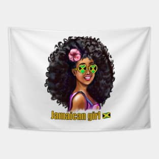 The best Gifts for black women 2022 Jamaican girl with Jamaican flag Sun shades and pink hibiscus flower in her big natural afro hair. Jamaica Tapestry