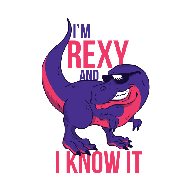 Cool dinosaur - illustration of a smiling t-rex wearing sunglasses “I’m rexy and I know it”. Trex lover gift by Midoart