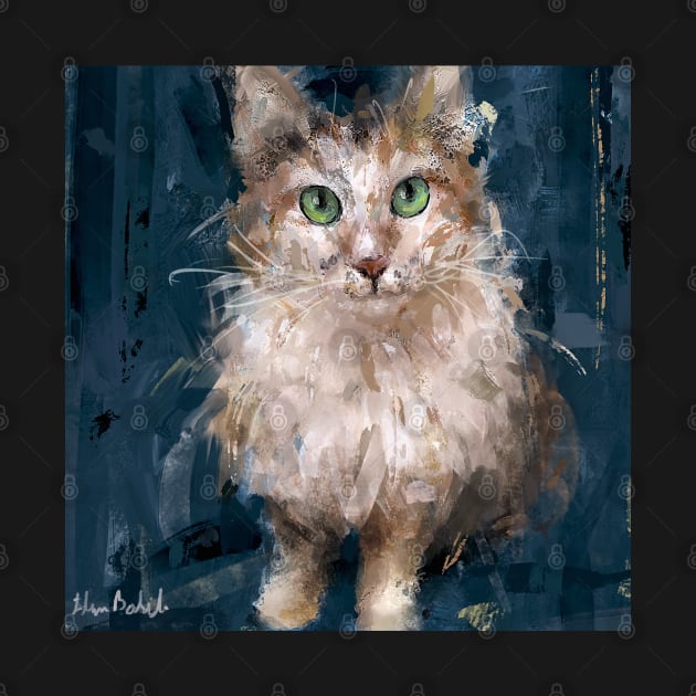 A Grungy Painting of a White and Brown Cat by ibadishi