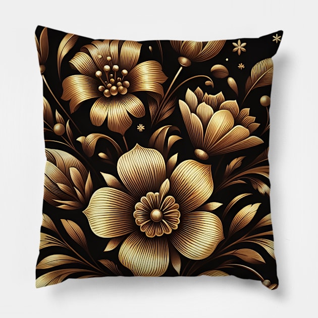 Gold Floral Illustration Pillow by Jenni Arts