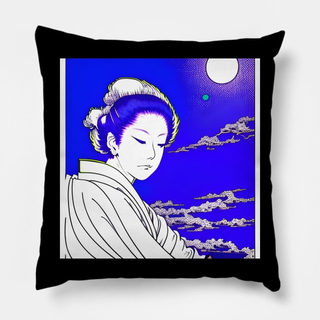 Woman waiting under the watchful moon. Pillow by Zenmatics