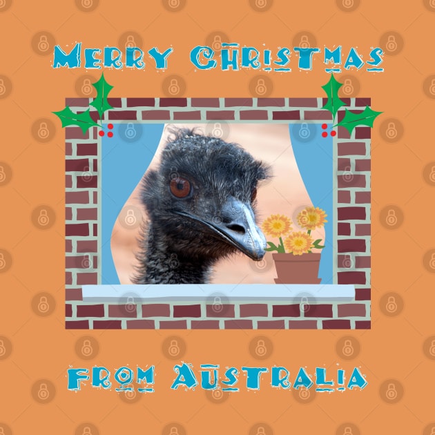 Merry Christmas from Australia with Emu in Window by karenmcfarland13
