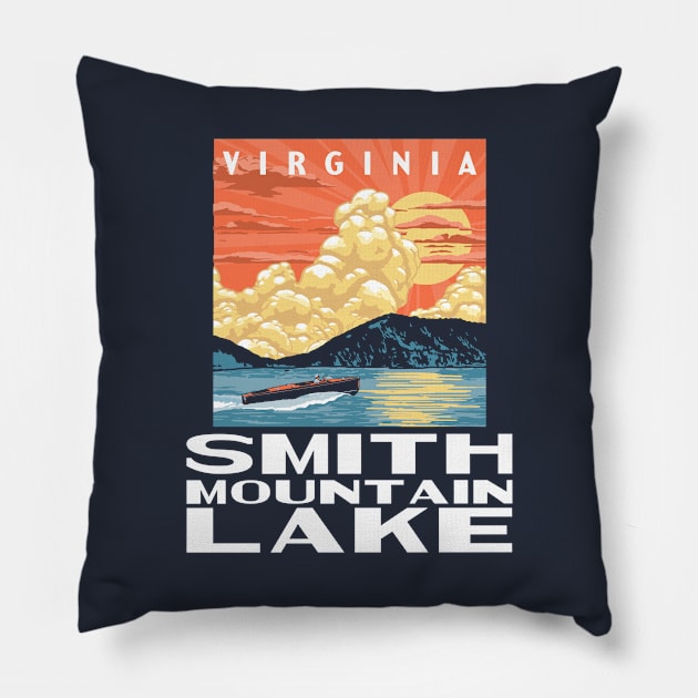 Smith Mountain Lake Virginia Vintage Boat WPA Poster Style Pillow by GIANTSTEPDESIGN