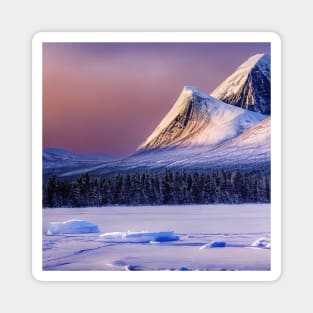 View of the giant mountains that are behind the icy lake and the winter forest Magnet