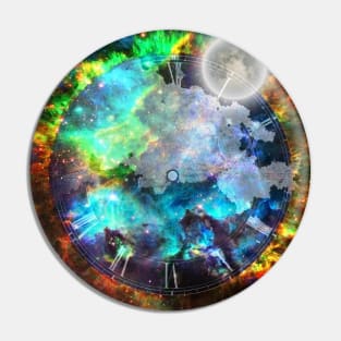 Moon in fantasy space with clock face Pin