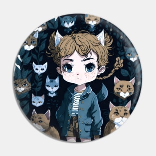 boy with cats aesthetic illustration sticker Pin