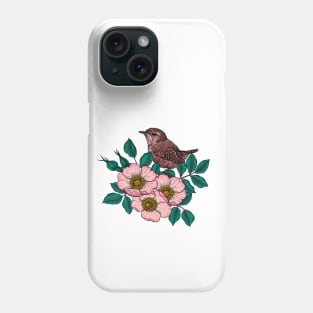 Wren on a dog rose Phone Case