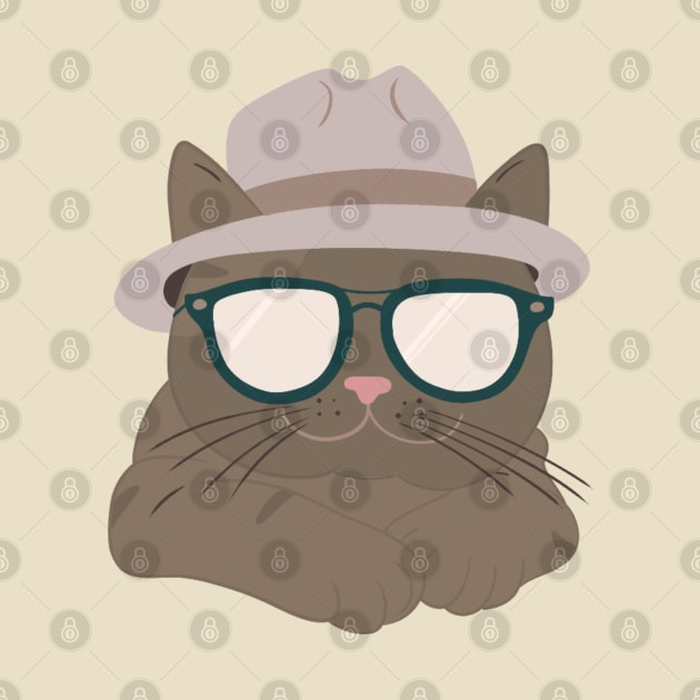 Chic Tabby: Minimalist Cat Art with Grey Hat & Sunglasses by ShutterStudios