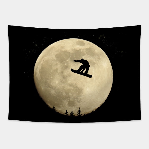 Snowboarder full moon jump in starry sky Tapestry by BurunduXX-Factory