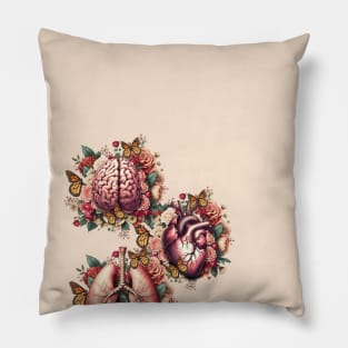 Human organs, art with vintage anatomy floral and butterflies, botany, heart, lungs and brain with floral Pillow