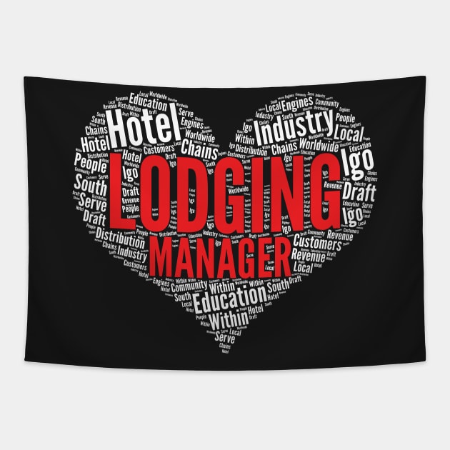 Lodging manager Heart Shape Word Cloud Design graphic Tapestry by theodoros20