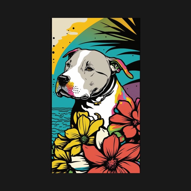 American Staffordshire Terrier PitBull Dog Vibrant Tropical Flower Tall Retro Vintage Digital Pop Art Portrait 6 by ArtHouseFlunky