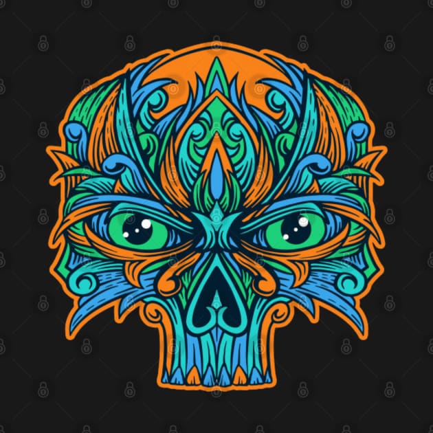 Orange and blue skull ornament by Rakos_merch