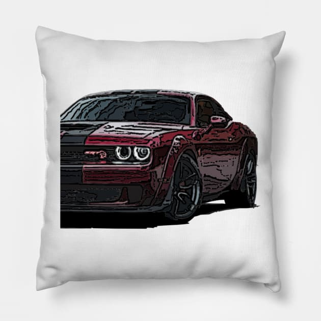 Explosive Fury: Red Dodge Challenger Fiery Front Half Body Posterize Car Design Pillow by GearHead Threads