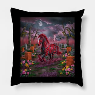 AI generated red striped horse in graveyard Pillow