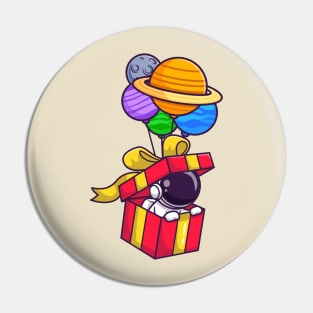 Cute Astronaut In Box Floating With Planet Balloon Cartoon Pin