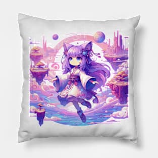 Otaku Cat Girl with Kimono in Magical Landscape. Pillow