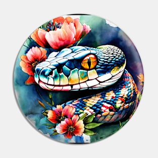 Snake head in the watercolor style  with flowers and vibrant hues. Pin