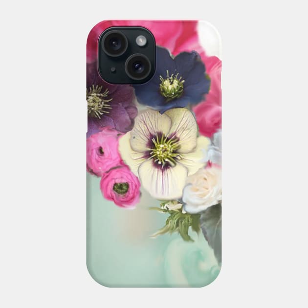 WHITE PINK ROSES ,ANEMONE FLOWERS ,TEAL AQUA BLUE FLORAL Phone Case by BulganLumini