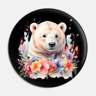 A polar bear decorated with beautiful watercolor flowers Pin