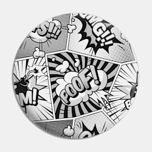 Black and White Comic Book Word Art Collage Pin