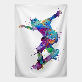 Boy Skateboard Colorful Watercolor Silhouette Tapestry