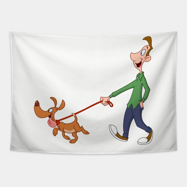 Man Walking Dog Tapestry by DigiToonsTreasures