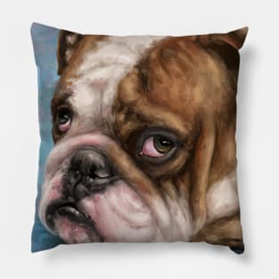 Painting of a Brown and white Bulldog with a Sad Face on Blue Background Pillow