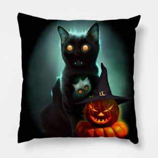 Vampire Cat and Wizard Pumpkin Halloween Surreal Art Pillow