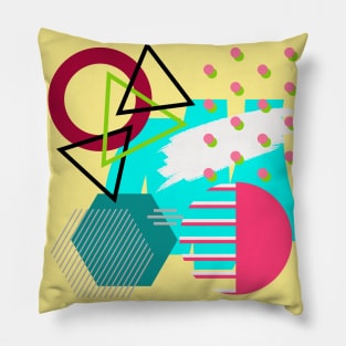 Modern Geometric Pattern Bright Yellow, Aqua Retro 80's Doodle Style Pillow