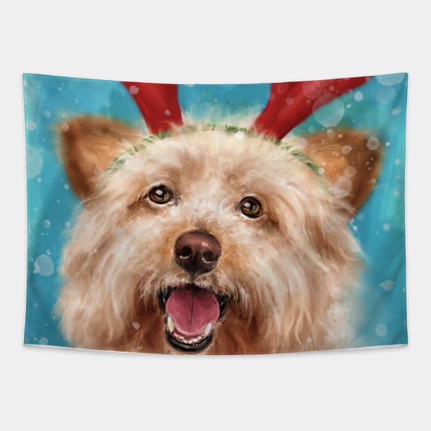 Painting of an Adorable Smiling Yorkshire Terrier with Red Antlers for Christmas Tapestry by ibadishi