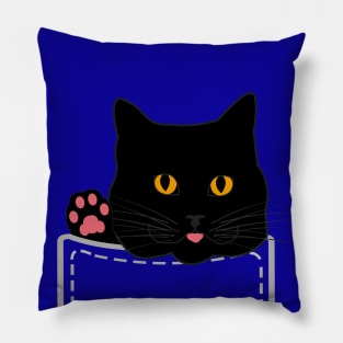 Cute black cat looks out of pocket and shows paw Pillow