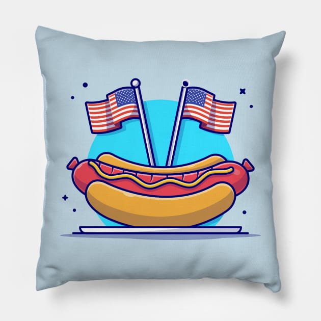 Tasty Hotdog on Plate with USA Independence Day Flag And Balloon Cartoon Vector Icon Illustration Pillow by Catalyst Labs