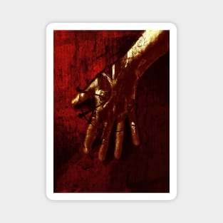 Digital collage, special processing. Red tint, gold hand, mystic. Ugly grainy texture on close up, so beautiful on distance. Magnet