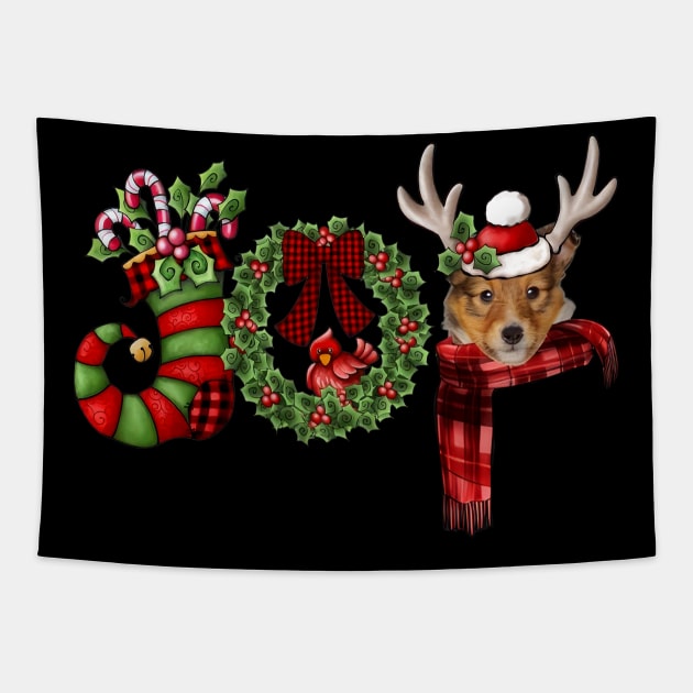 Christmas Joy Dwarf Stocking Reindeer Shetland Sheepdog Tapestry by cogemma.art