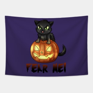 FEAR ME | Halloween black kitten and pumpkin cartoon Tapestry