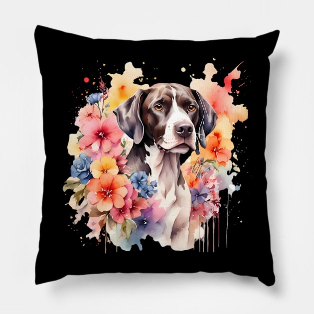 A pointer dog decorated with beautiful watercolor flowers Pillow by CreativeSparkzz