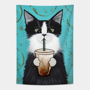 Tuxedo Cat with Iced Coffee Tapestry